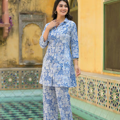 Blue Floral Printed Cotton Blend Co-Ord Set
