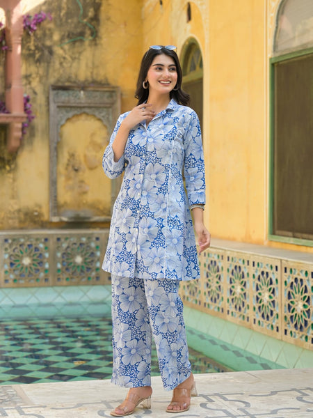 Blue Floral Printed Cotton Blend Co-Ord Set