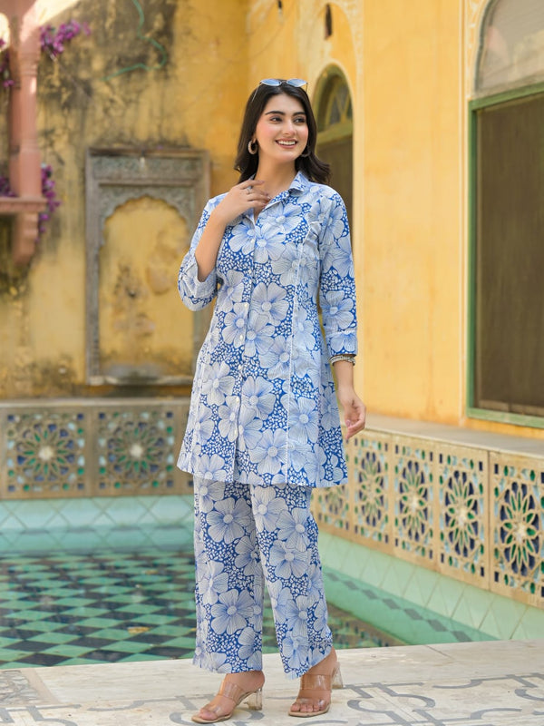 Blue Floral Printed Cotton Blend Co-Ord Set