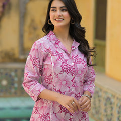 Pink Floral Printed Cotton Blend Co-Ord Set