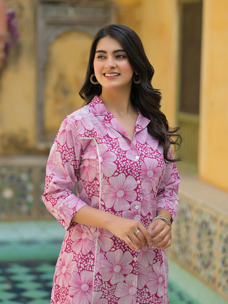 Pink Floral Printed Cotton Blend Co-Ord Set