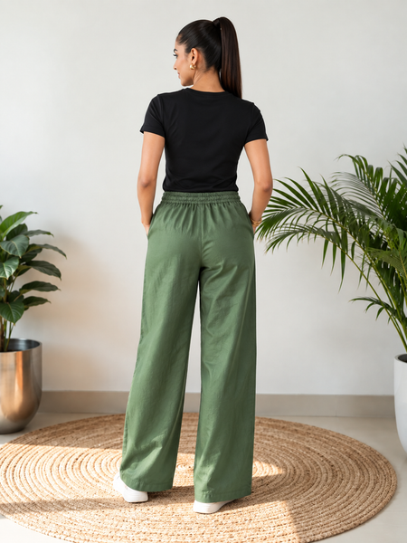 Solid Cotton Blend Relaxed Wide-Leg Palazzo Pants