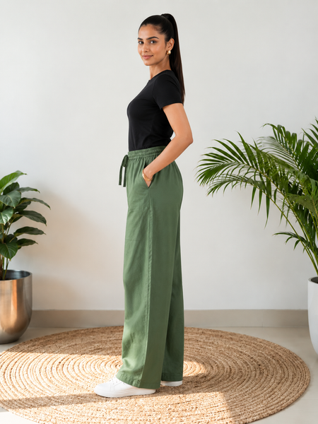 Solid Cotton Blend Relaxed Wide-Leg Palazzo Pants