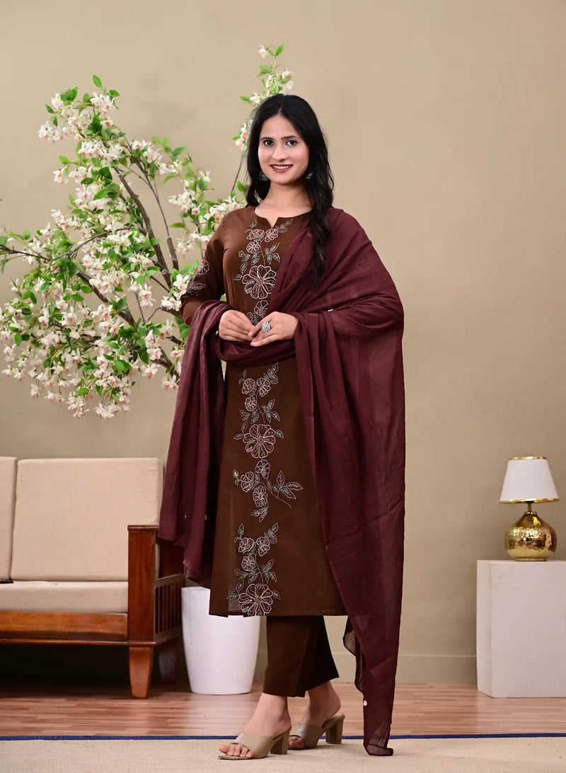 Cholocate Bloom Embroidered Suit Sets