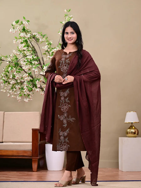 Cholocate Bloom Embroidered Suit Sets