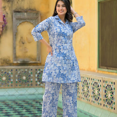 Blue Floral Printed Cotton Blend Co-Ord Set