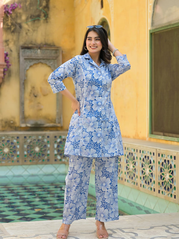 Blue Floral Printed Cotton Blend Co-Ord Set