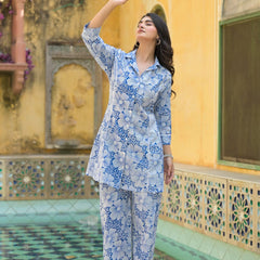 Blue Floral Printed Cotton Blend Co-Ord Set