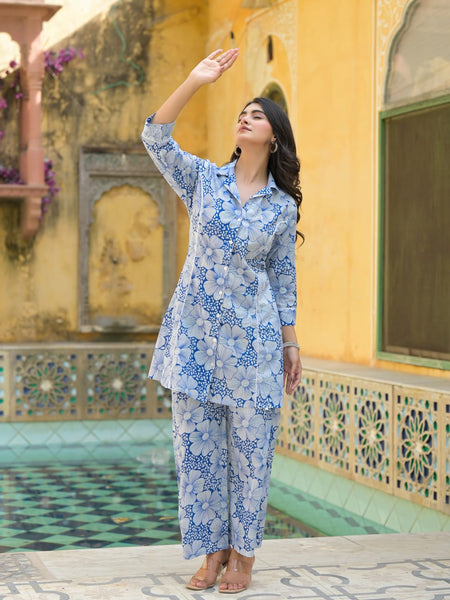 Blue Floral Printed Cotton Blend Co-Ord Set
