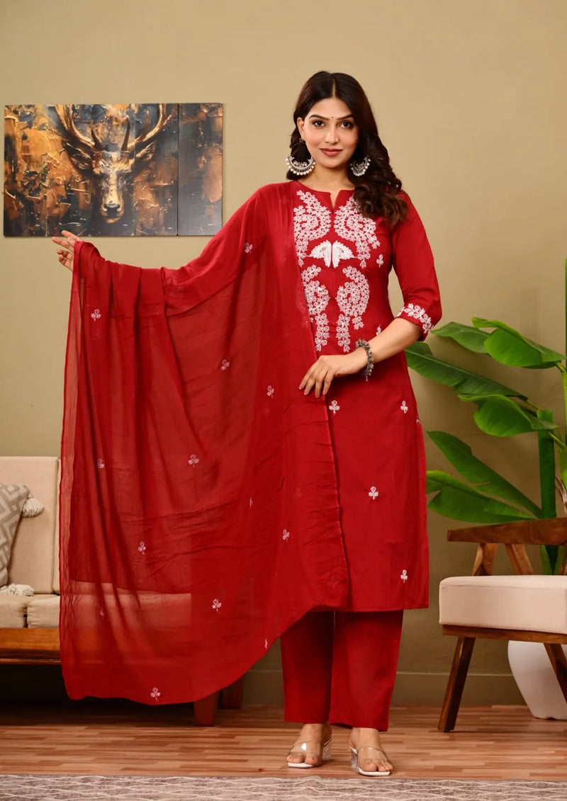 Ruby Red Embroidered Suit Set