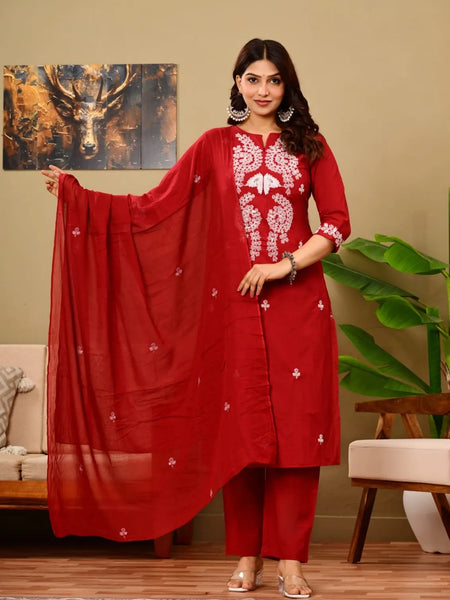 Ruby Red Embroidered Suit Set