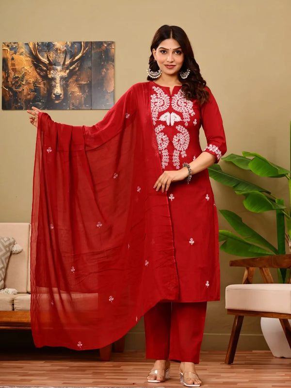 Ruby Red Embroidered Suit Set