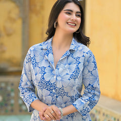 Blue Floral Printed Cotton Blend Co-Ord Set