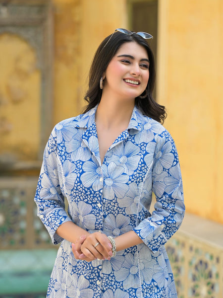 Blue Floral Printed Cotton Blend Co-Ord Set