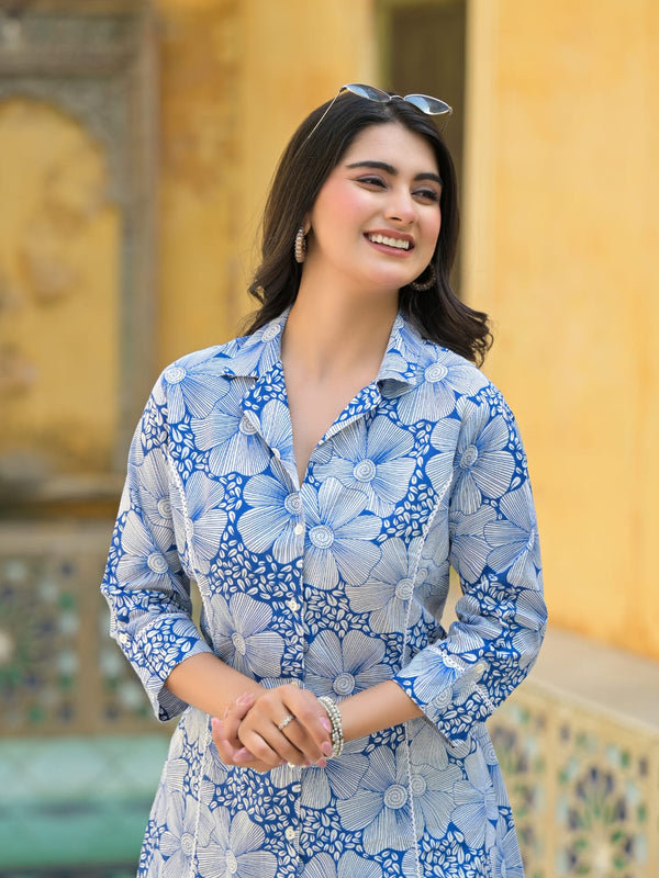 Blue Floral Printed Cotton Blend Co-Ord Set