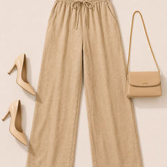 Women's Beige Cotton Blend Wide Leg Palazzo Pants for Women