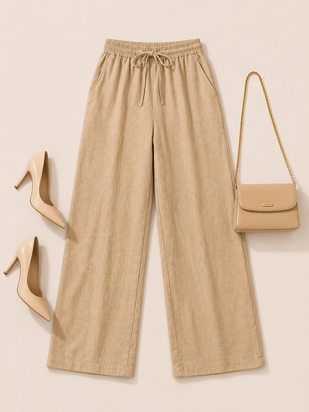 Women's Beige Cotton Blend Wide Leg Palazzo Pants for Women