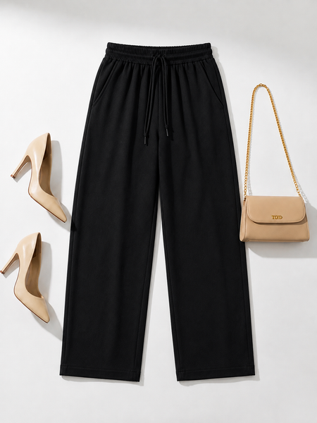 Women's Black Cotton Blend Wide Leg Palazzo Pants for Women