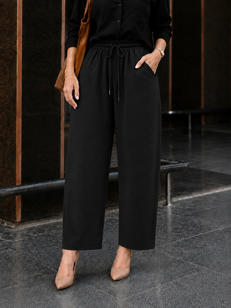 Women's Black Cotton Blend Wide Leg Palazzo Pants for Women