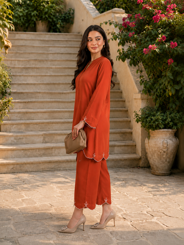 Rust Orange Embroidered Straight Kurta & Pant Set