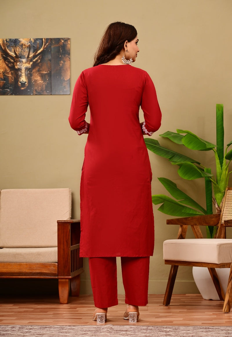 Ruby Red Embroidered Suit Set
