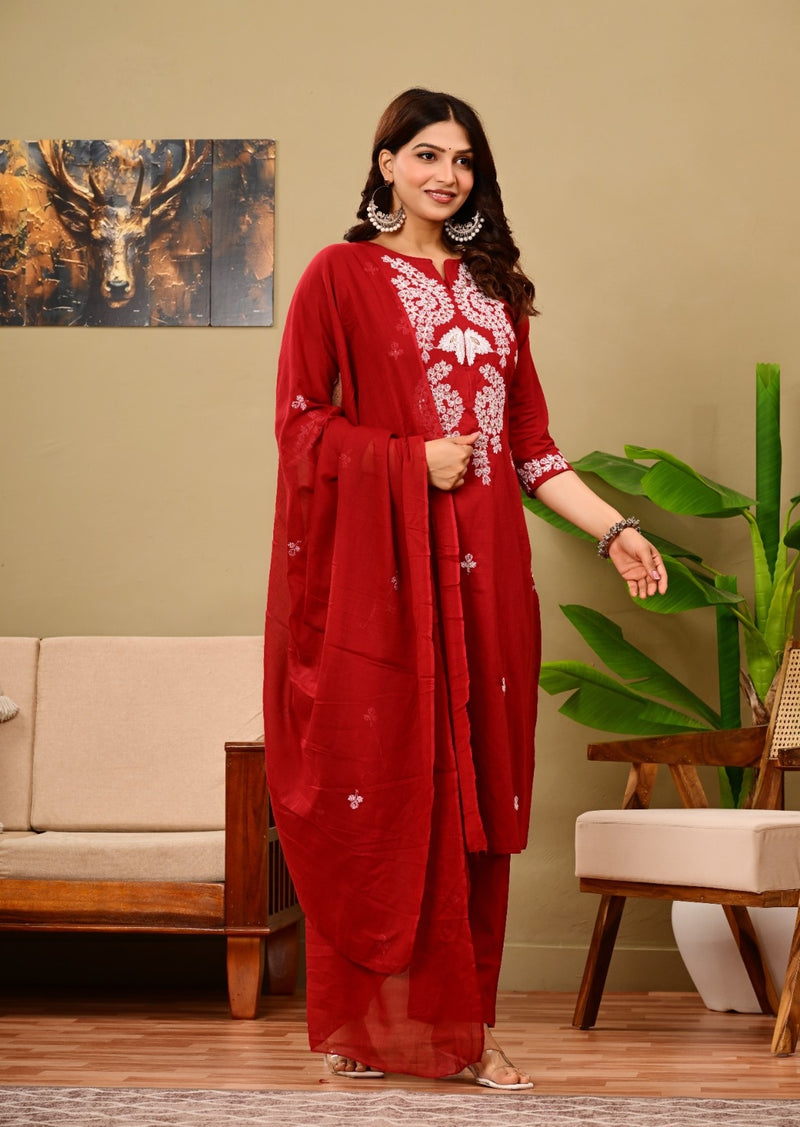 Ruby Red Embroidered Suit Set
