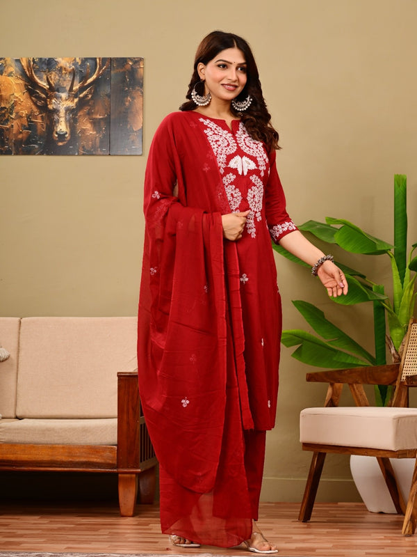 Ruby Red Embroidered Suit Set