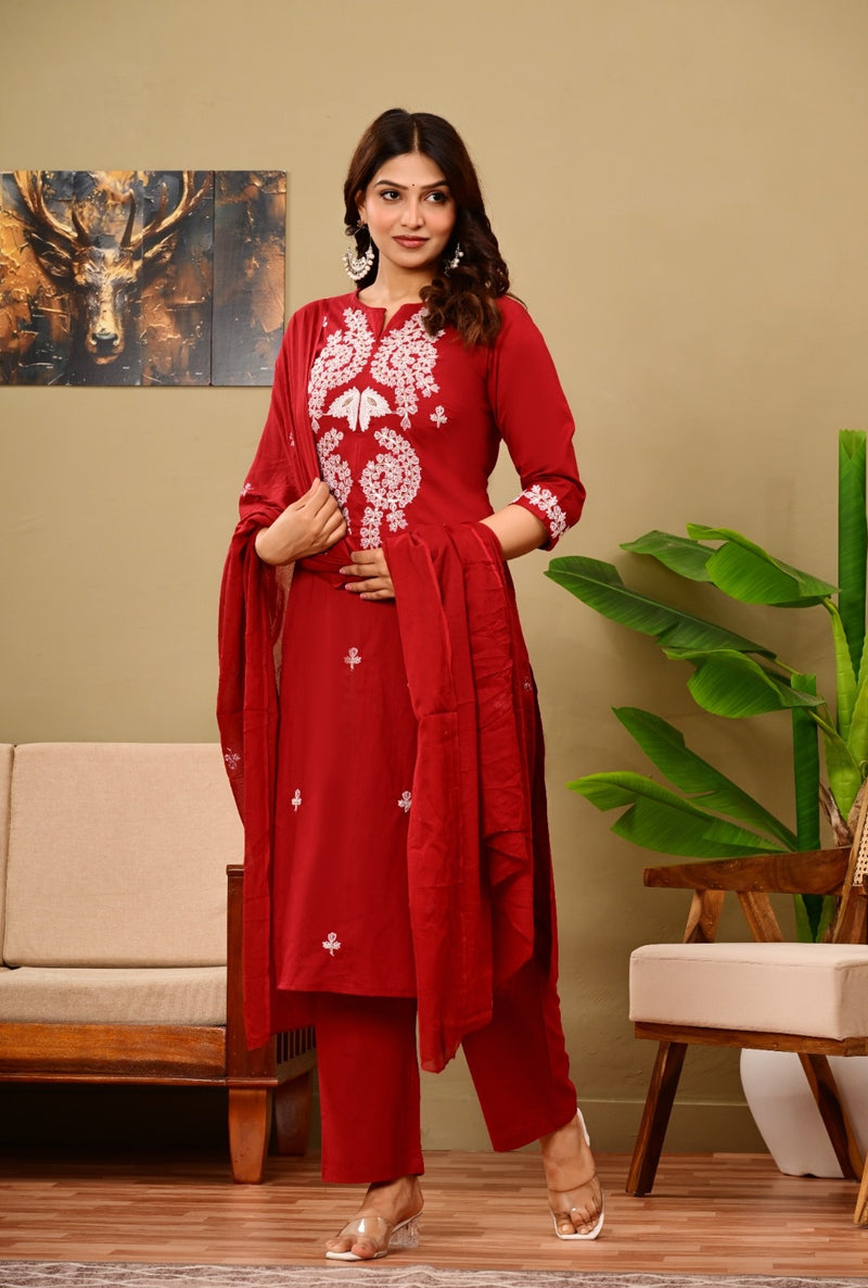 Ruby Red Embroidered Suit Set