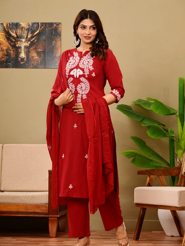 Ruby Red Embroidered Suit Set