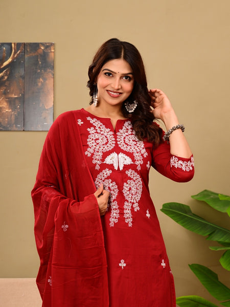 Ruby Red Embroidered Suit Set