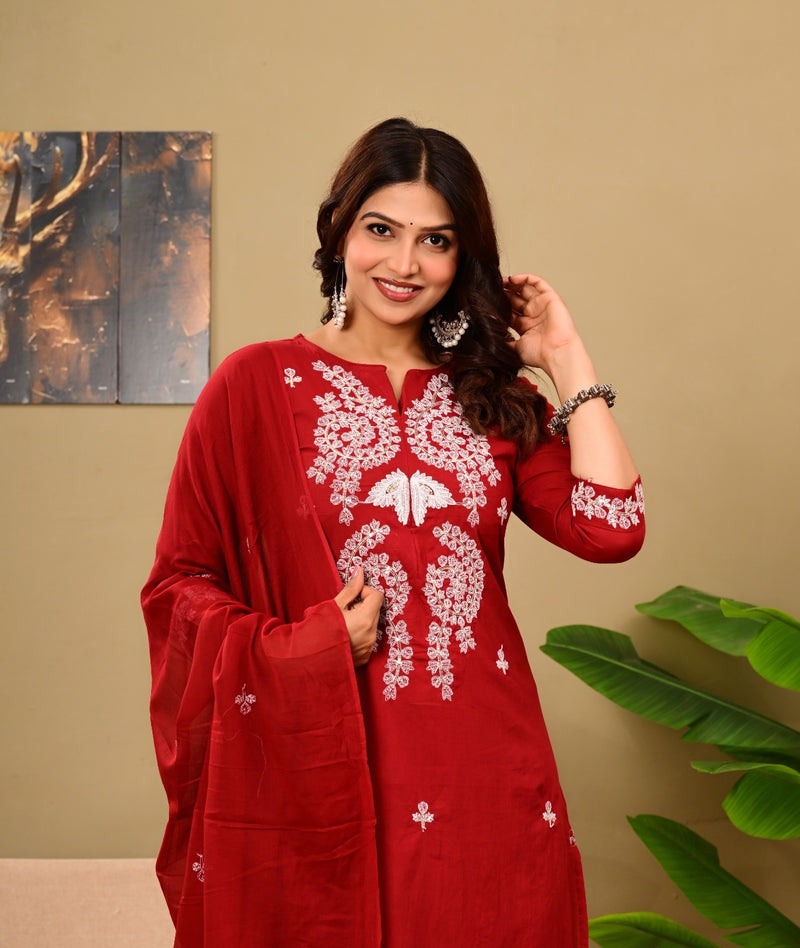 Ruby Red Embroidered Suit Set