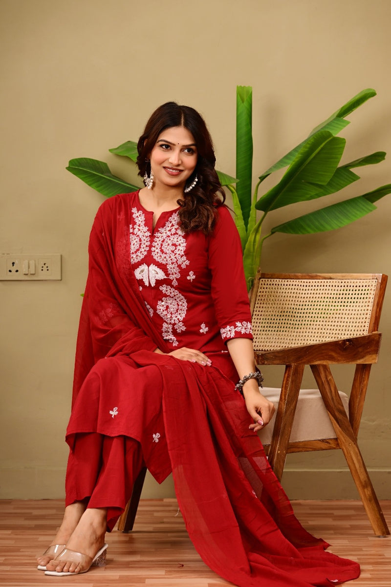 Ruby Red Embroidered Suit Set