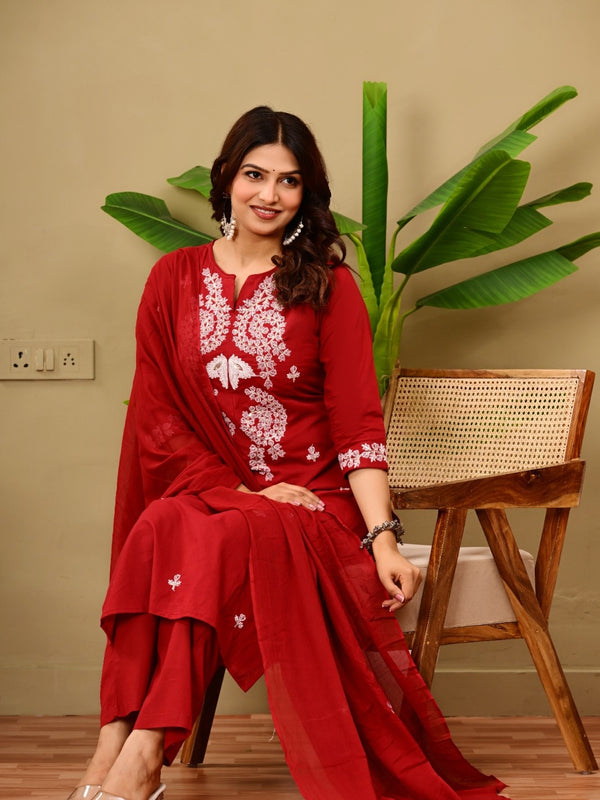 Ruby Red Embroidered Suit Set