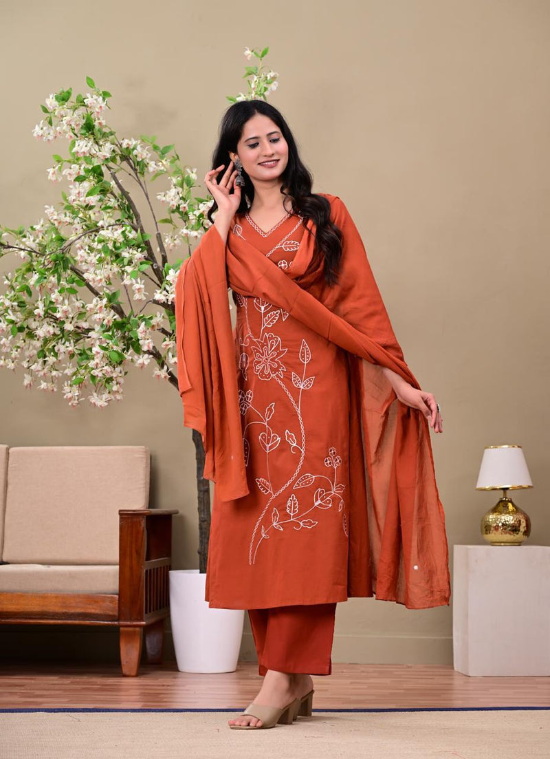 Rust Floral Elegance Suit Set