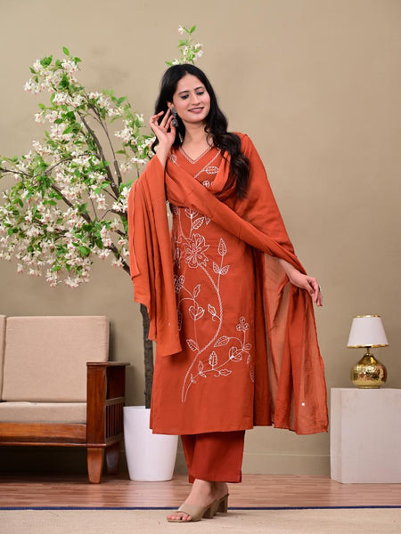 Rust Floral Elegance Suit Set