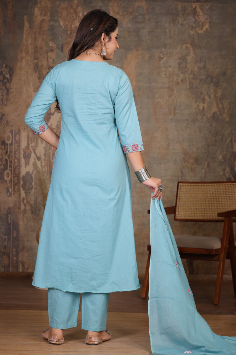 Lite Blue Blossom Embroidery Suit Set