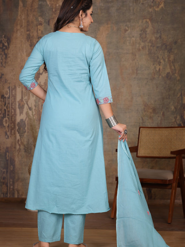 Lite Blue Blossom Embroidery Suit Set