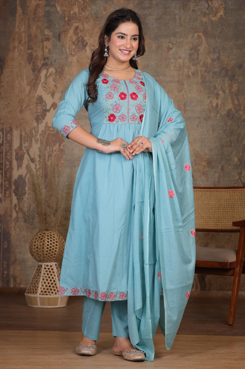Lite Blue Blossom Embroidery Suit Set