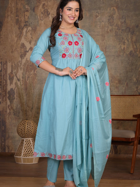 Lite Blue Blossom Embroidery Suit Set