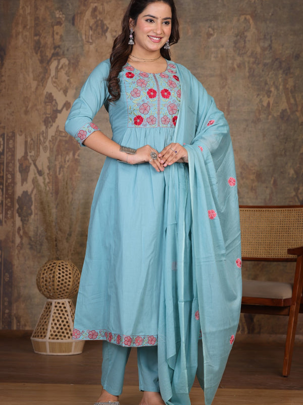 Lite Blue Blossom Embroidery Suit Set