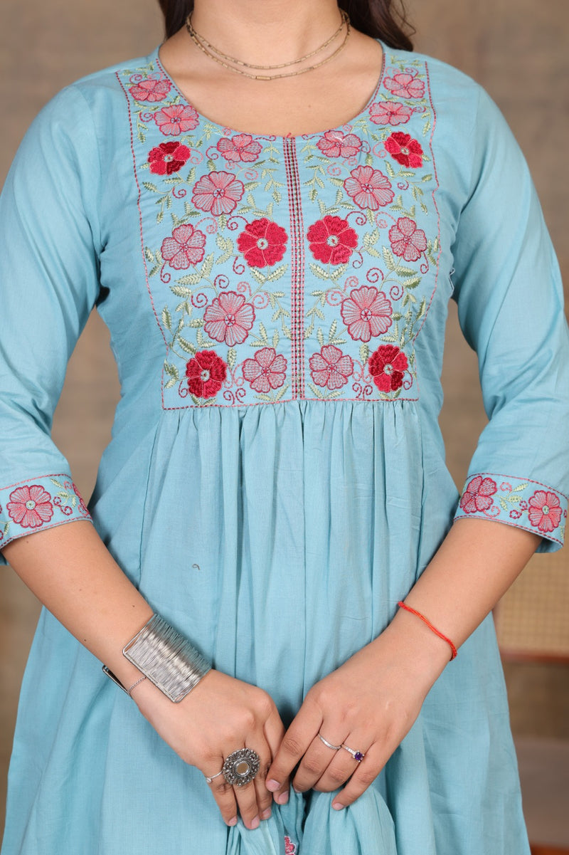 Lite Blue Blossom Embroidery Suit Set