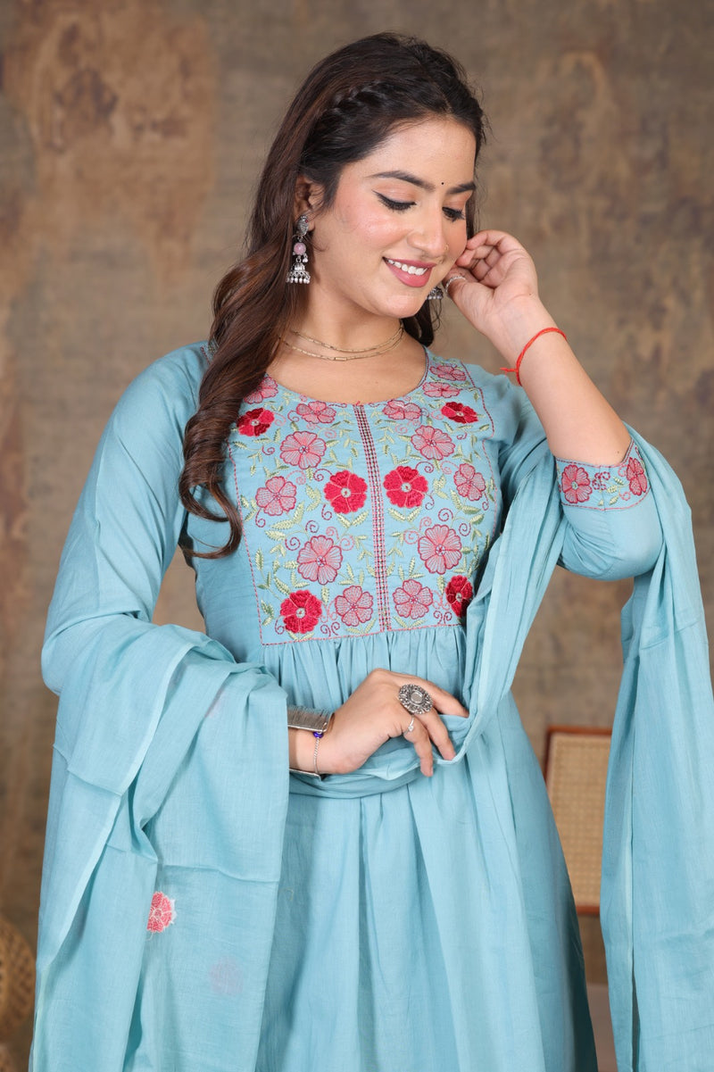 Lite Blue Blossom Embroidery Suit Set