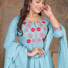Lite Blue Blossom Embroidery Suit Set