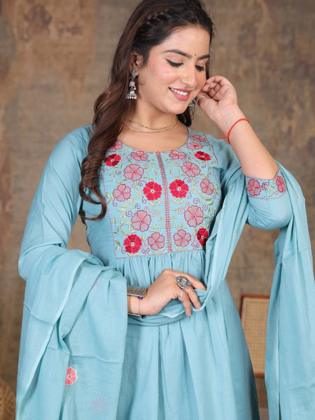 Lite Blue Blossom Embroidery Suit Set