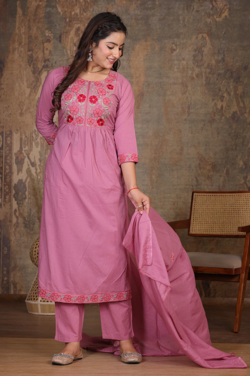 Move Pink  Blossom Embroidery Suit Set