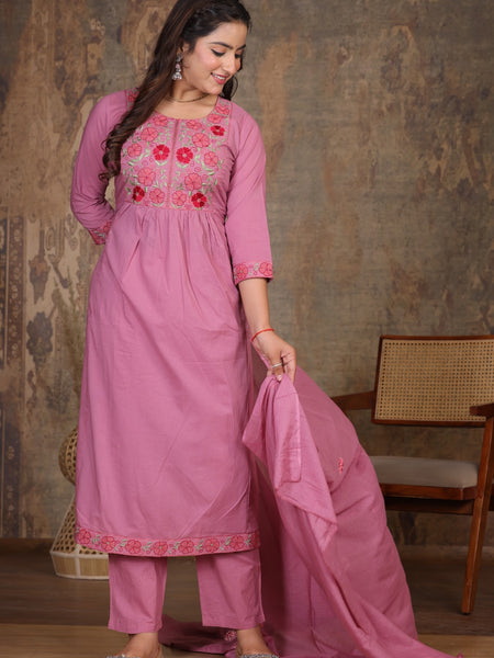 Move Pink  Blossom Embroidery Suit Set