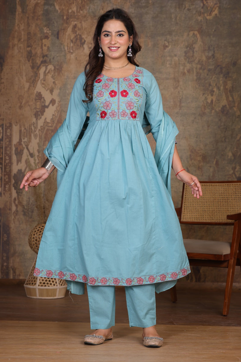 Lite Blue Blossom Embroidery Suit Set