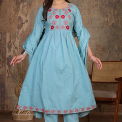 Lite Blue Blossom Embroidery Suit Set