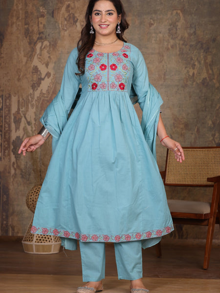 Lite Blue Blossom Embroidery Suit Set
