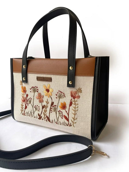 Women's Floral Embroidered Tote Handbag with Shoulder Strap